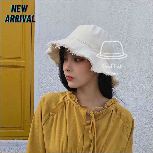 PROMO - Bucket hat ripped ends - Topi buckethat Rawis Rumbai terbaru - Broken white - Sedia topi buc