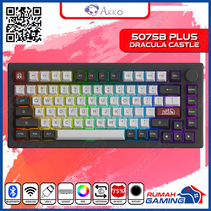 MECHANICAL KEYBOARD - AKKO 5075B PLUS - 3 MODE - 75% - RGB - GASKET - DRACULA CASTLE, CREAM V3 BLUE
