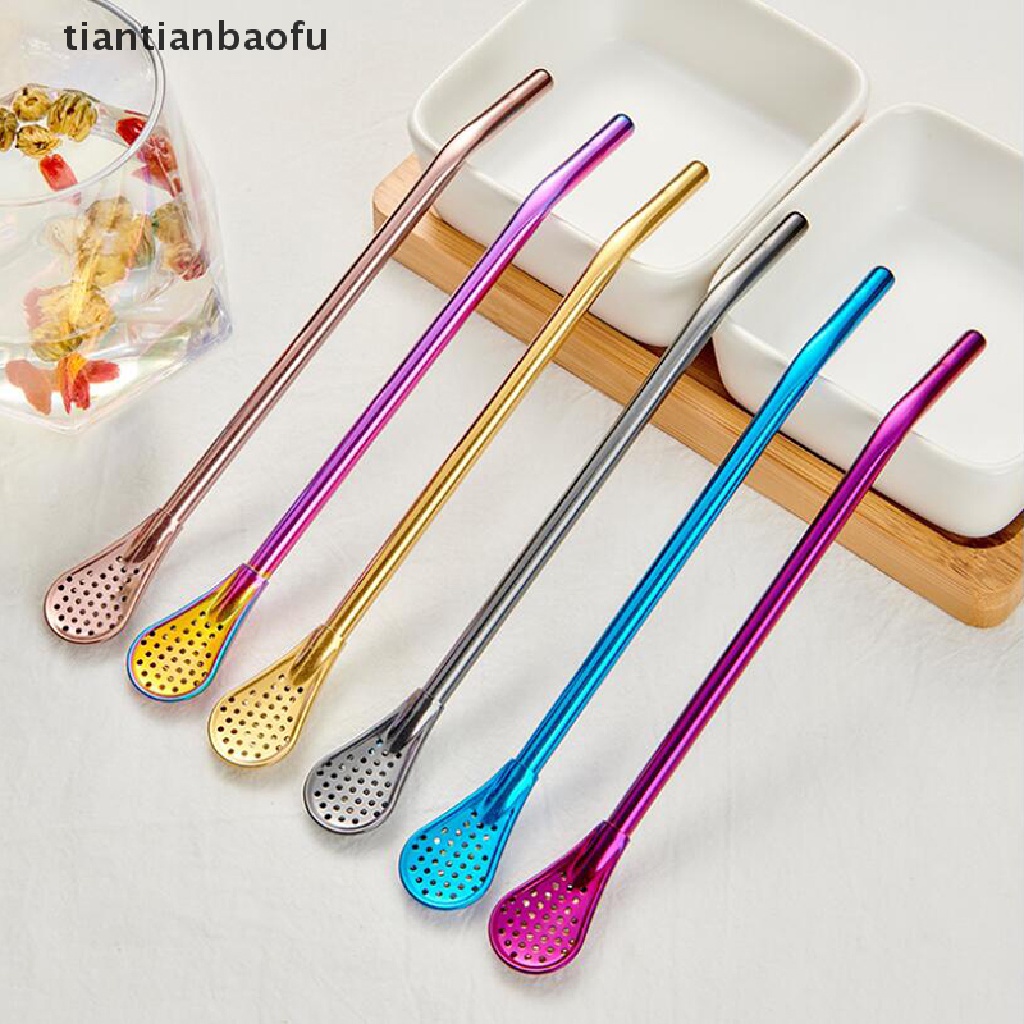 [tiantianbaofu] Reusable Stainless Steel Minum Sedotan Filter Sendok Aduk Teh Kopi Peralatan Makan Butik