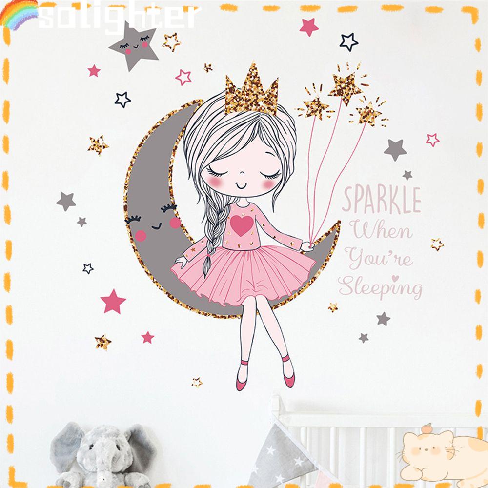 Solighter Stiker Dinding Princess On The Moon Untuk Mempercantik Dinding Kamar Anak Perempuan Untuk Dekorasi Rumah