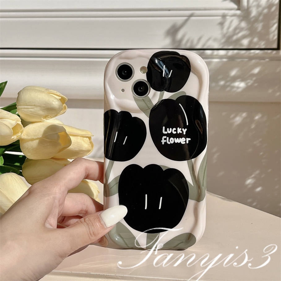 Compatible For IPhone 14 13 12 11 Pro Max X XR Xs Max 8 7 6s Plus SE 2020 Kompatibel Untuk Bunga Tulip Hitam Gelombang Casing Ponsel TPU Silicon Lembut Cover Pelindung
