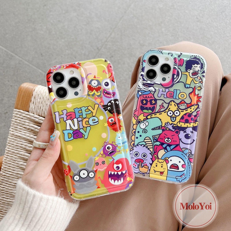 IPHONE Casing Ponsel Kartun Kompatibel Untuk Iphone14 11 13 12 Pro MAX XR 7Plus X XS MAX 6 7 8 6S Plus SE 2020 Cute Little Monster Airbag Shockproof Soft TPU Cover