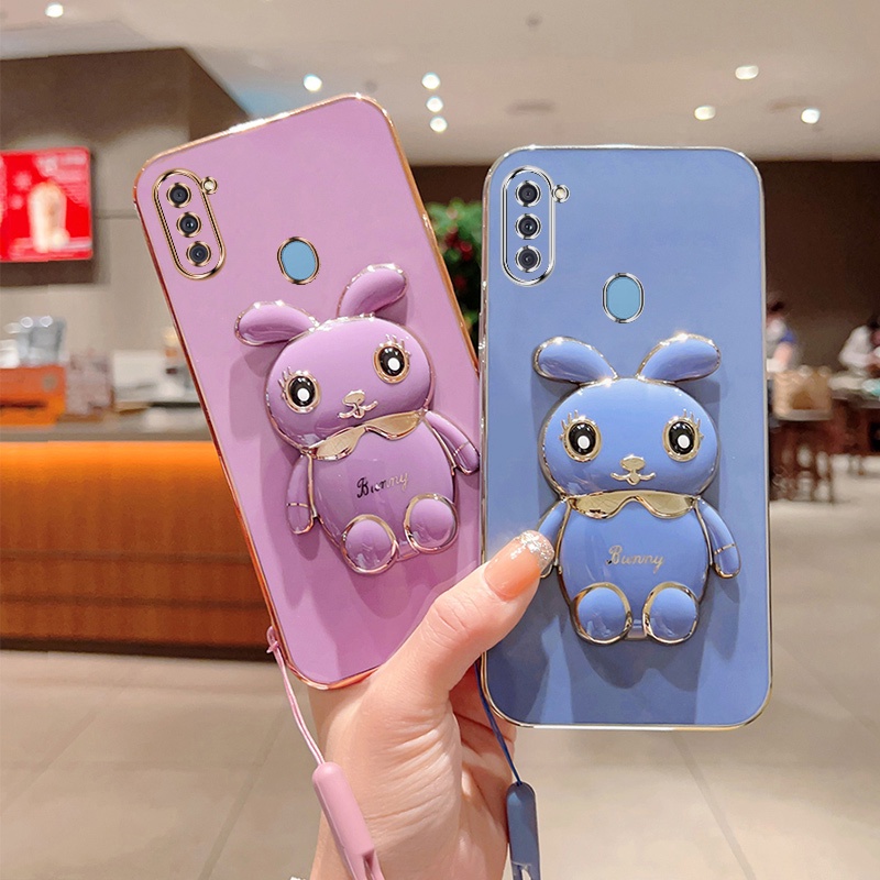 Andyh Case Ponsel Untuk Samsung Galaxy A11 M11 Lucu Kartun Kelinci Kecil Tepi Lurus Shell Lembut Mengirim lanyard Silikon