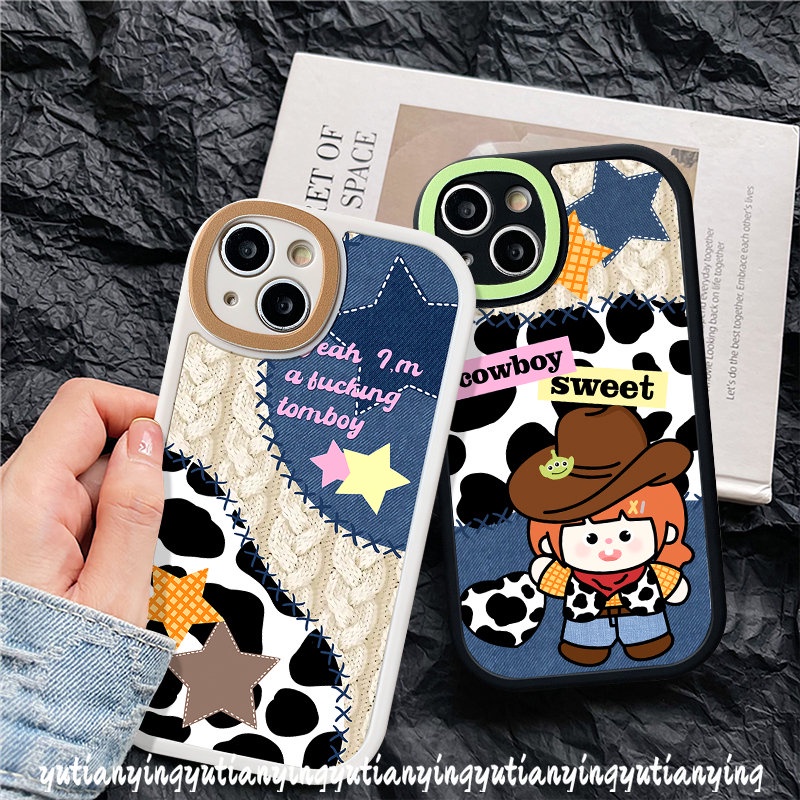 IPHONE Kartun Lucu Koboi Bintang Denim Ponsel Case Kompatibel Untuk Iphone6 8 7 6s Plus XS XR X Max11 12 14 13 Pro Max SE 2020 Patch Motif Leopard Lembut Tpu Pasangan Penutup Belakang