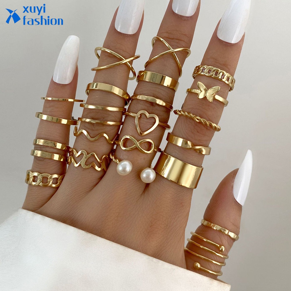 Retro Butterfly Cross Snake Ring Set Hati Kristal Cincin Emas Untuk Aksesoris Perhiasan Wanita