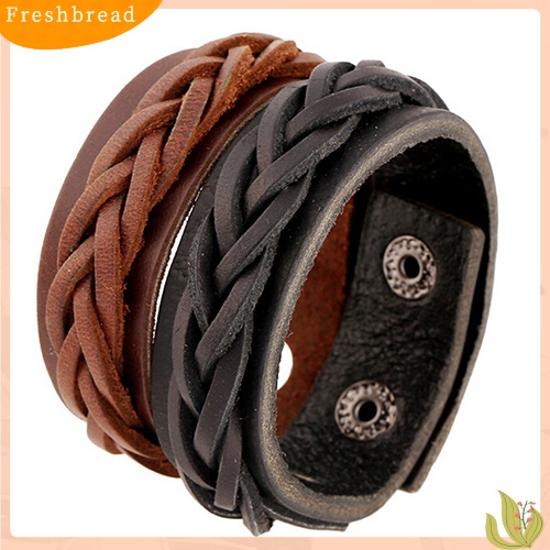 &lt; Freshbread &gt; Pria Keren Gaya Klasik Rajutan Kulit Bangle Punk Wristband Cuff Bracelet