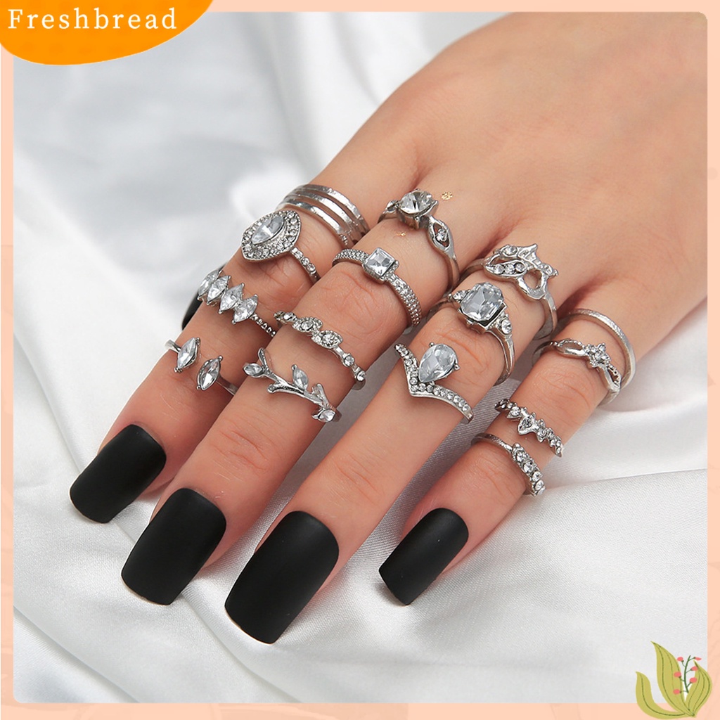 &lt; Freshbread &gt; 15Pcs Cincin Jari Trendi Pengerjaan Halus Semua Pertandingan Warna Perak Berongga Keluar Wanita Ring Untuk Pergi Jalan