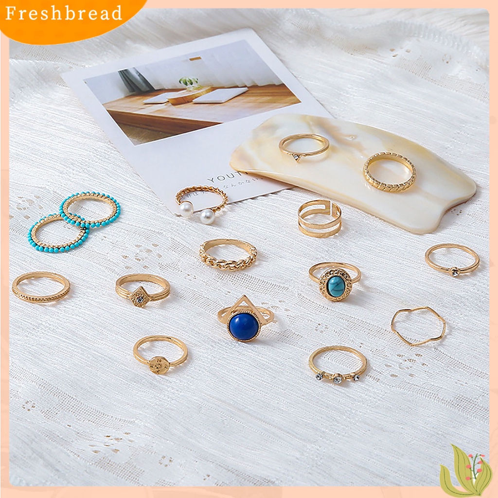 &lt; Freshbread &gt; 15 Pcs Turquoise Faux Pearls Decor Knuckle Rings Wanita Vintage Bersinar Jari Cincin Aksesoris Perhiasan