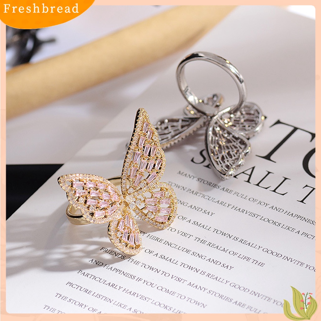 &lt; Freshbread &gt; Fashion Wanita Berongga Kupu-Kupu Berlian Imitasi Pembukaan Jari Cincin Pesta Perhiasan Hadiah