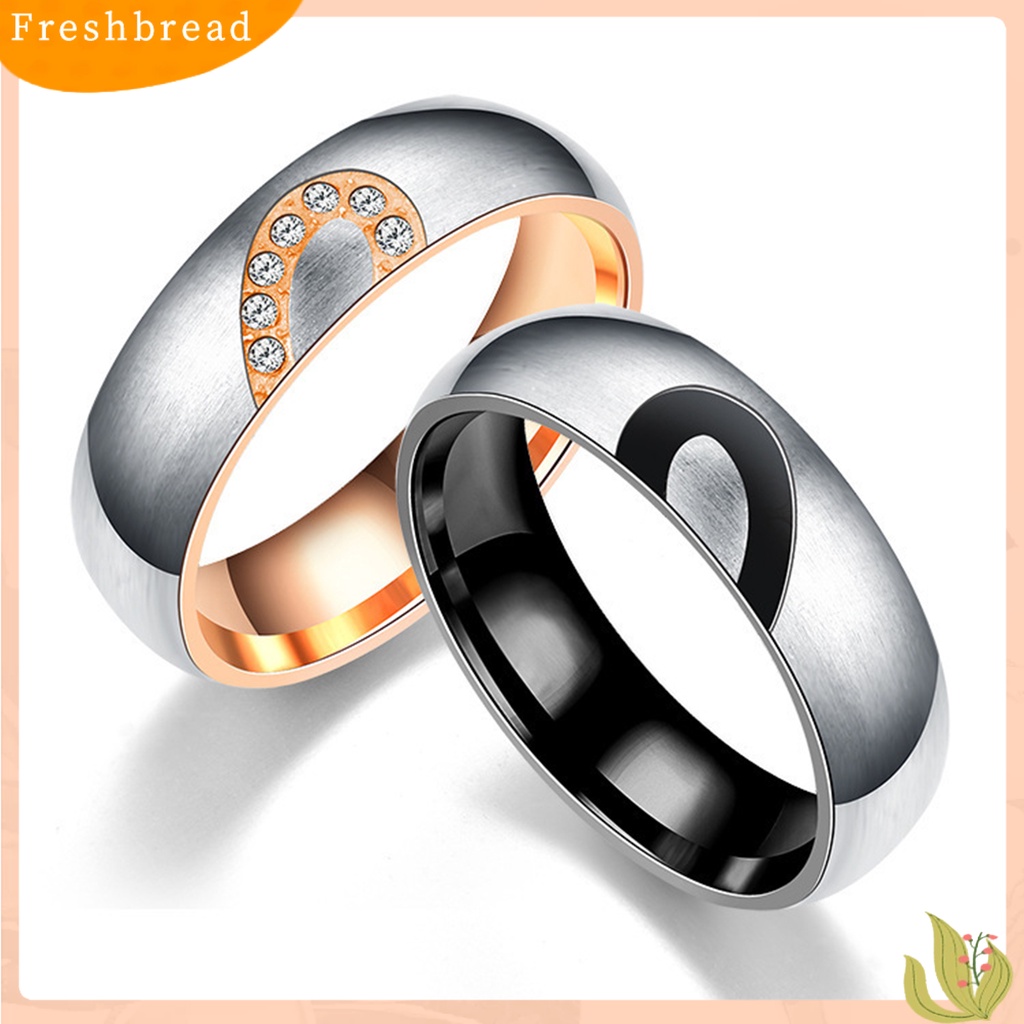 &lt; Freshbread &gt; Cincin Couple Bulat Motif Setengah Hati Perhiasan Kilau Terang Rhinestones Ring Untuk Hari Valentine