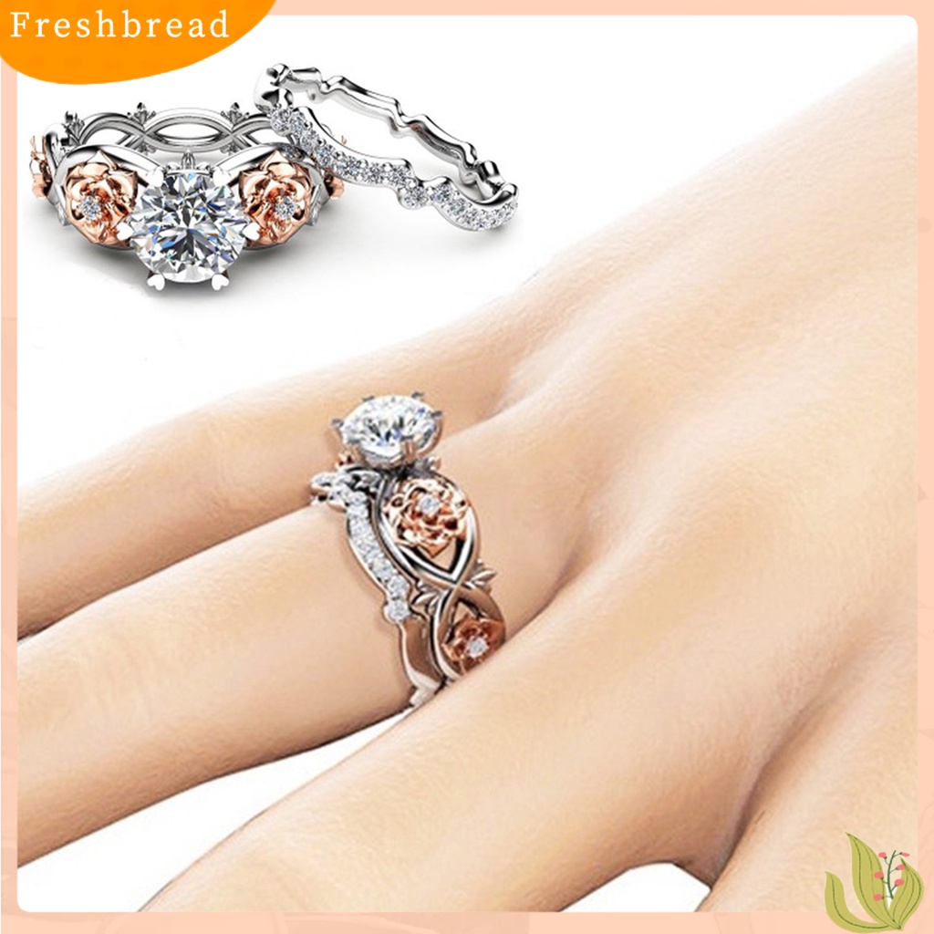 &lt; Freshbread &gt; 2Pcs Cincin Wanita Desain Bunga Dapat Disesuaikan Berlapis Emas Geometris Berkilau Dua Warna Cubic Zirconia Hias Pernikahan Pertunangan Rings Perhiasan Hadiah Untuk Pacar