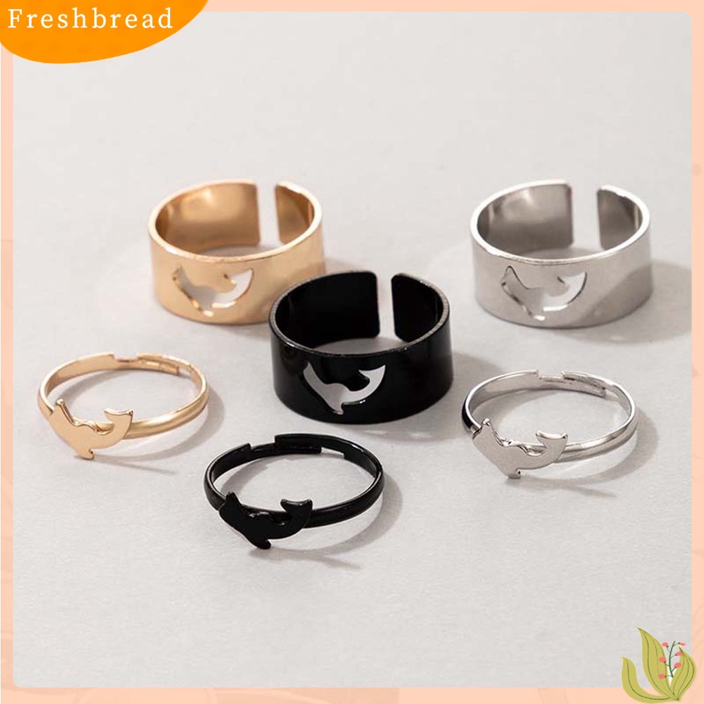 &lt; Freshbread &gt; 2Pcs/Set Cincin Pasangan Adjustable Perhiasan Bentuk Hati/Bulan/Bintang/Lumba- Lumba Kreatif Indah Terbuka Cincin Untuk Hadiah