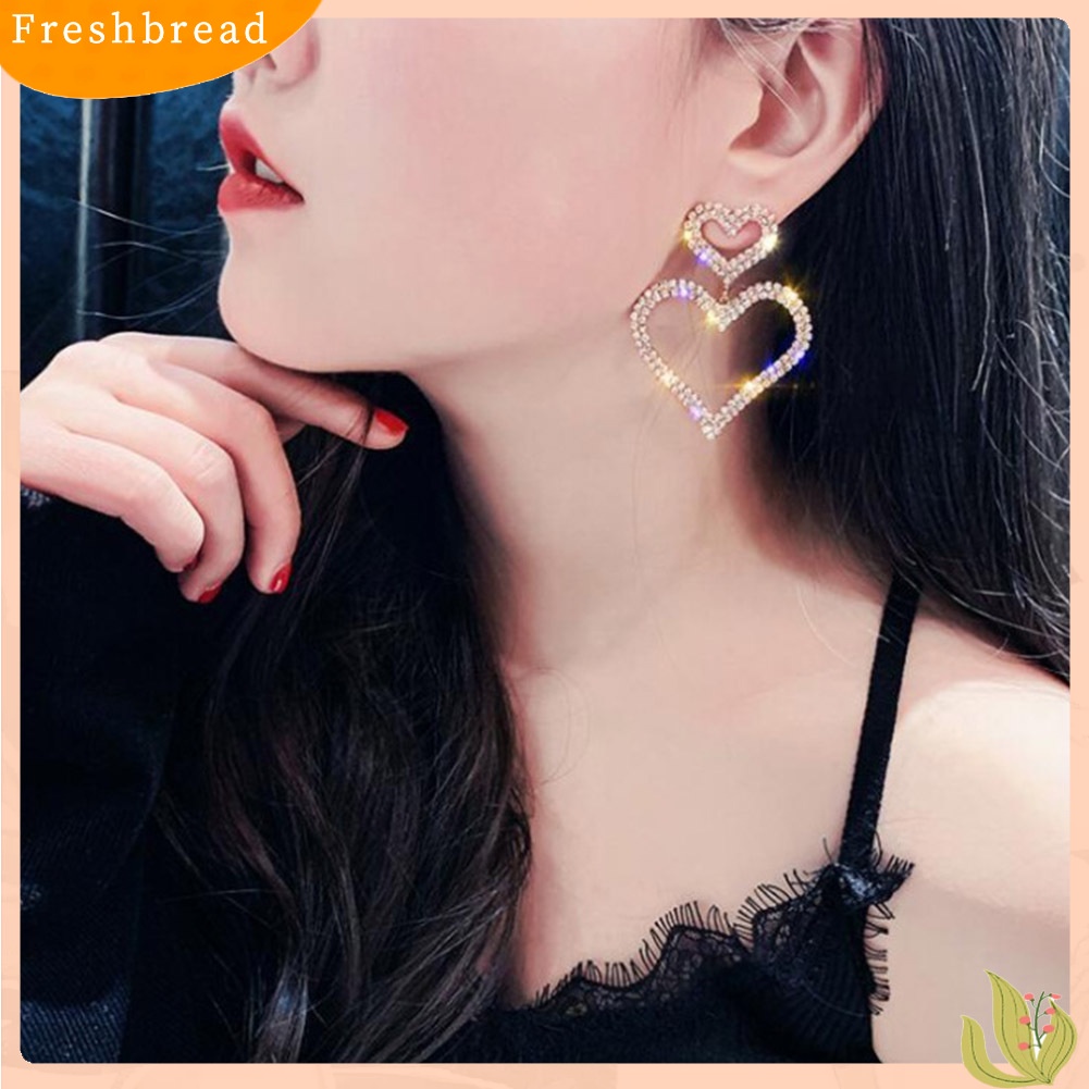 &lt; Freshbread &gt; Wanita Elegan Berlian Imitasi Jantung Teardrop Menjuntai Ear Drop Earrings Perhiasan Pesta