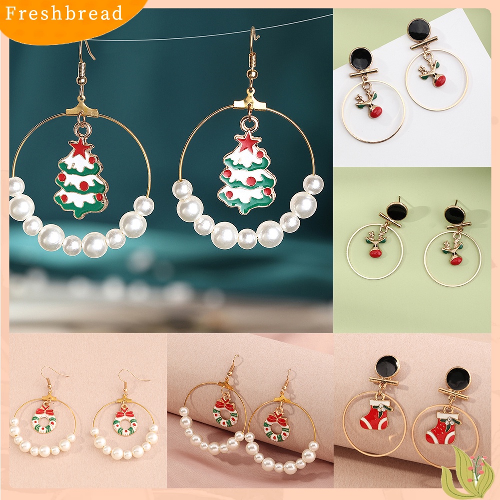 &lt; Freshbread &gt; Wanita Pohon Natal Elk Eardrop Mutiara Imitasi Geometris Hoop Earrings Hadiah Xmas