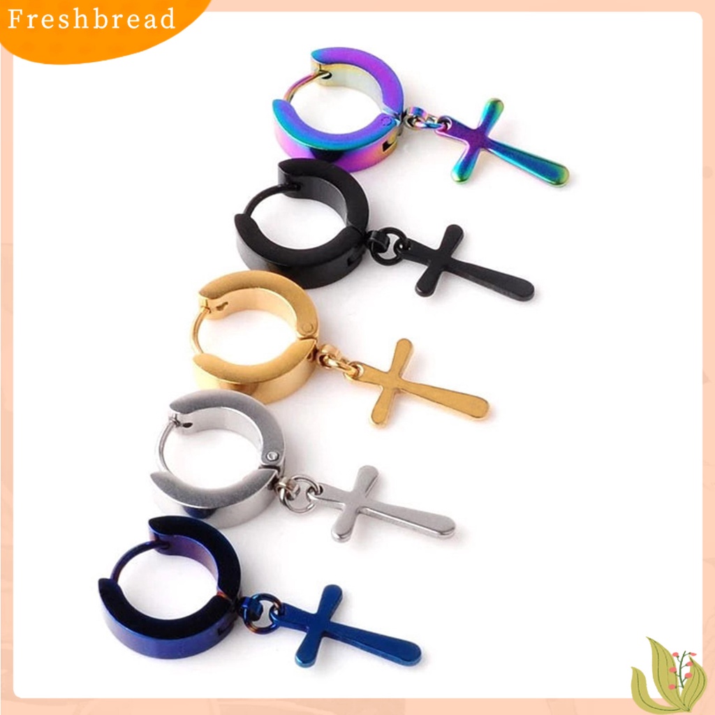 &lt; Freshbread &gt; 1Pc Unisex Anting Menjuntai Salib Gaya Korea Stainless Steel Simple Bright Luster Hoop Earring Untuk Pakaian Sehari-Hari