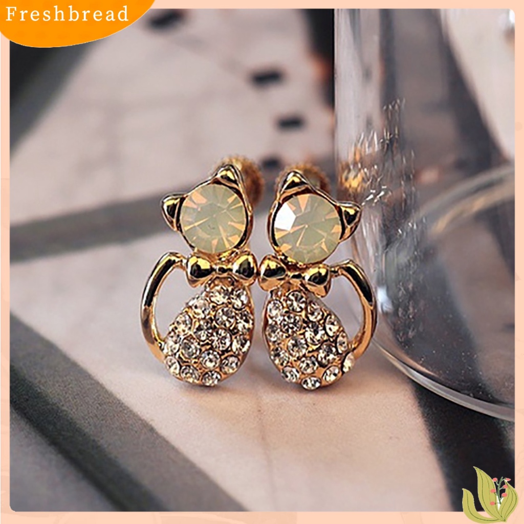 &lt; Freshbread &gt; 1pasang Wanita Lucu Bentuk Kucing Berlian Imitasi Stud Earrings Ear Studs Jewelry Charm Untuk Pesta Club