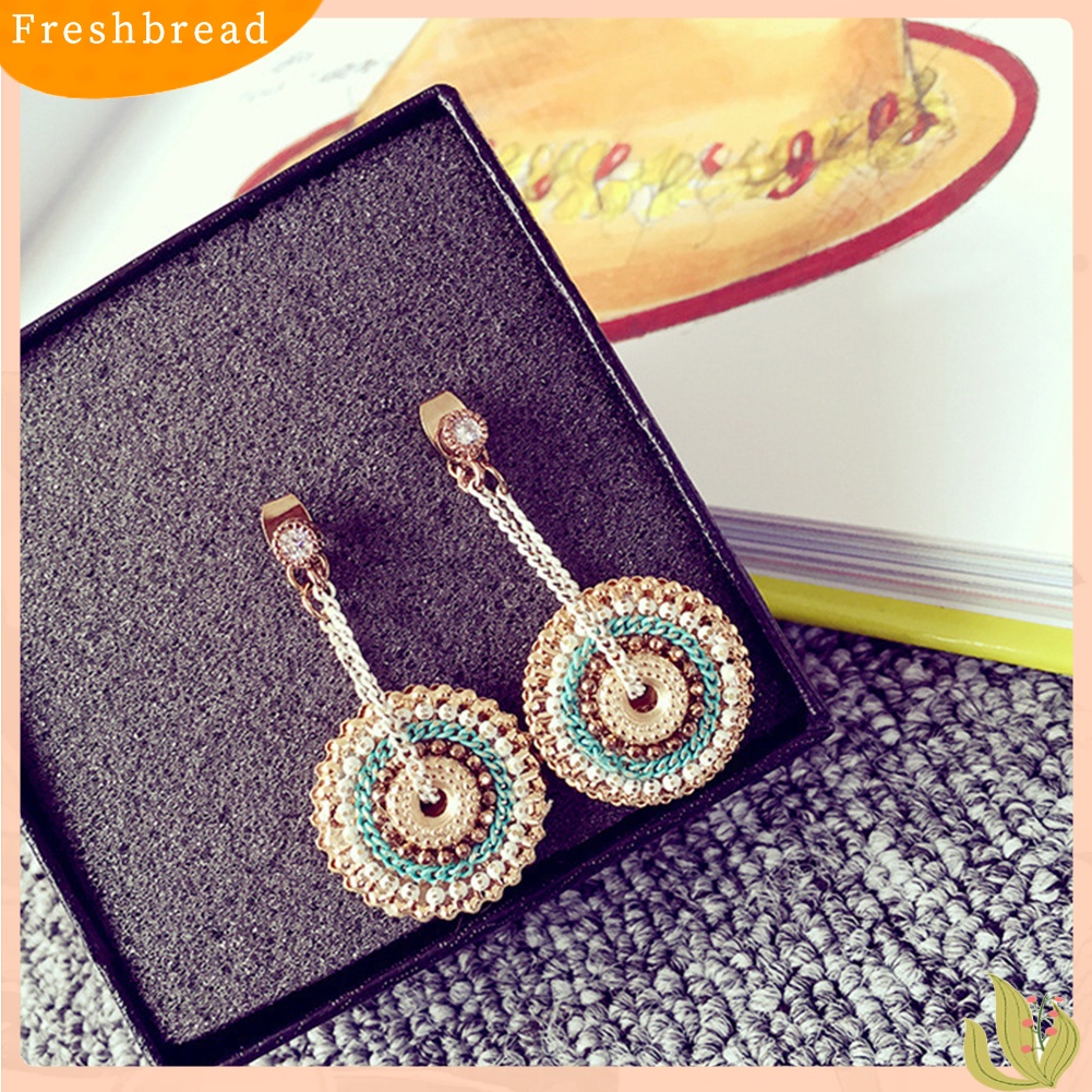 &lt; Freshbread &gt; Wanita Bohemian Bulat Buatan Tangan Liontin Drop Menjuntai Berlian Imitasi Eardrop Anting