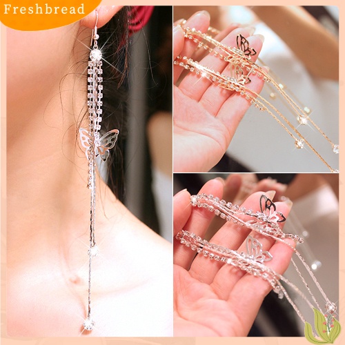 &lt; Freshbread &gt; Wanita Berongga Kupu-Kupu Berlian Imitasi Jumbai Panjang Rantai Kait Menjuntai Anting Linear