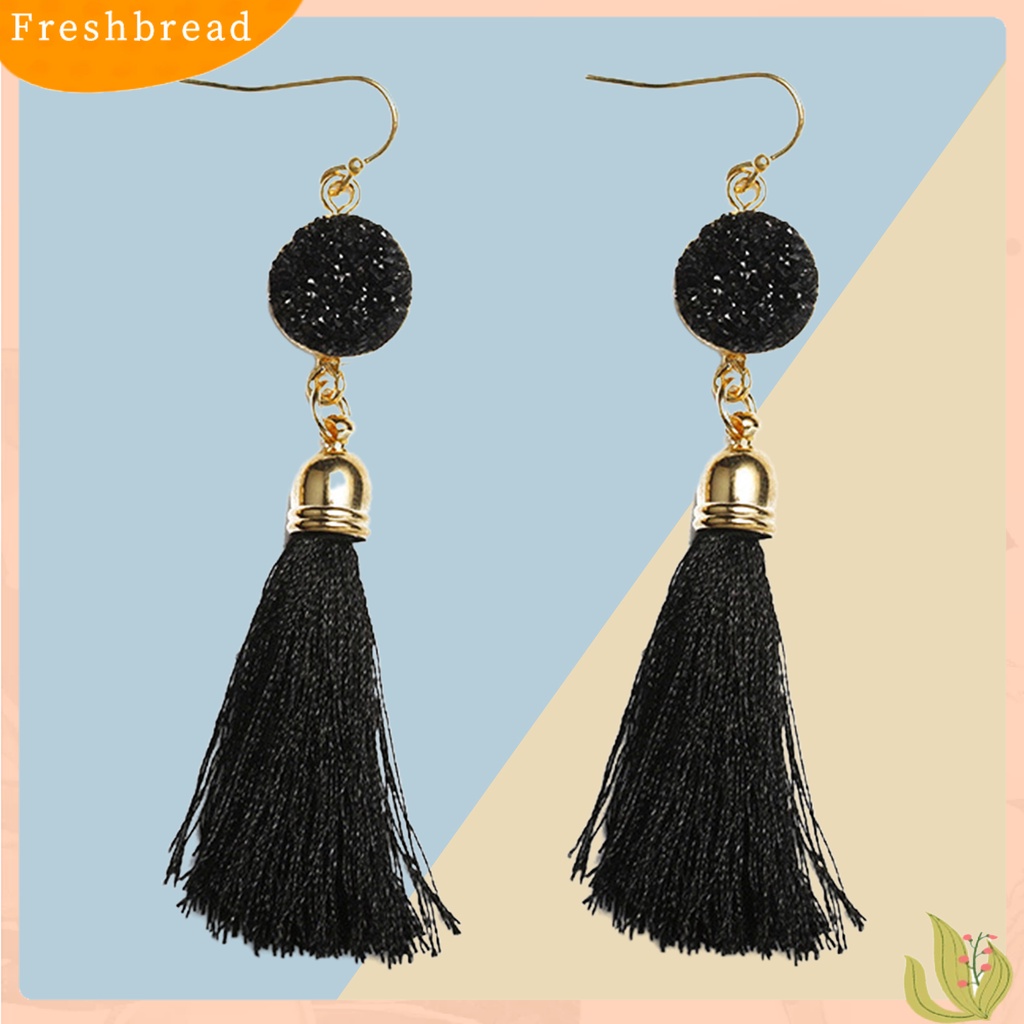 &lt; Freshbread &gt; 1pasang Anting Kait Bohemian Katun Ringan Garis Pinggiran Desain Menjuntai Earrings Aksesoris Telinga