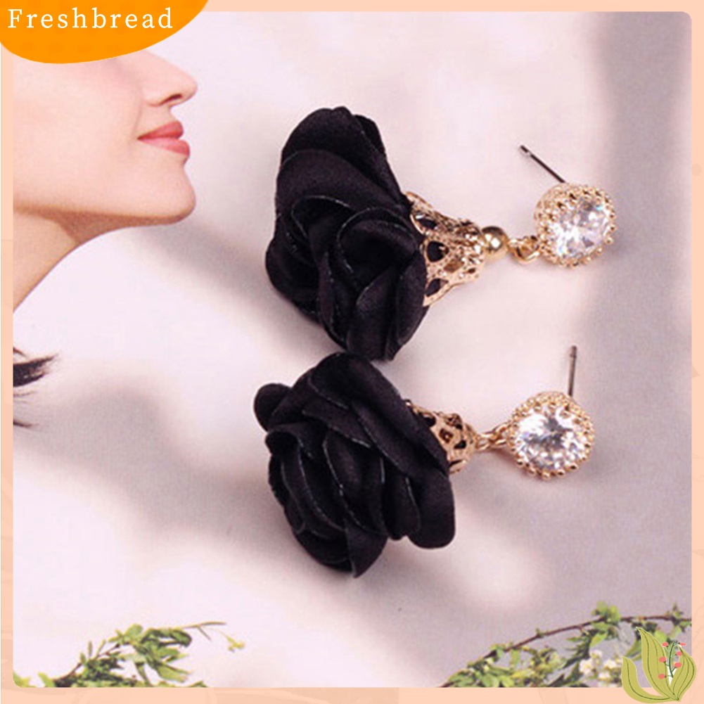 &lt; Freshbread &gt; Vintage Kain Bunga Berlian Imitasi Liontin Anting Wanita Ear Studs Dekorasi Pesta