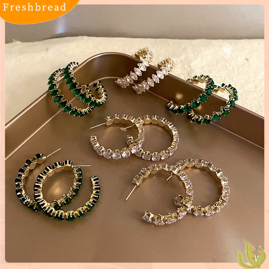 < Freshbread > 1pasang Anting Hoop Wanita Berlian Imitasi Mengkilap Bulat Mewah Lady Earrings Untuk Hadiah