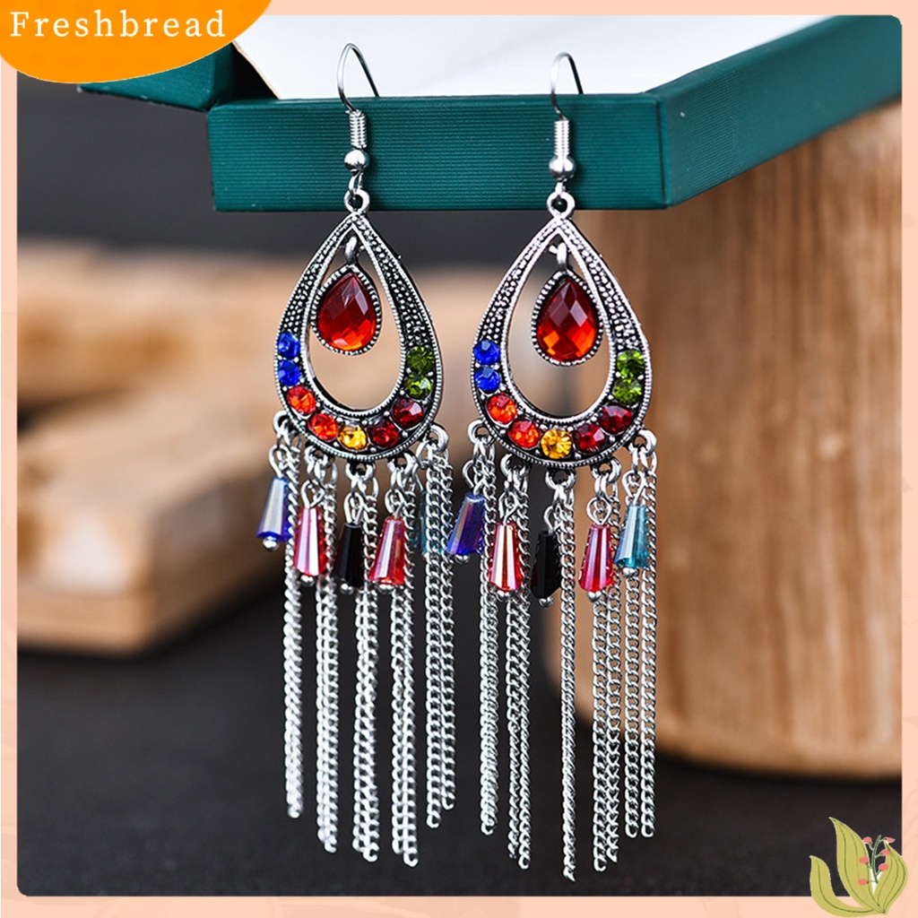 &lt; Freshbread &gt; 1pasang Anting Lady Bentuk Tetesan Air Rumbai Berlian Imitasi Vintage Drop Earrings Untuk Pakaian Sehari-Hari