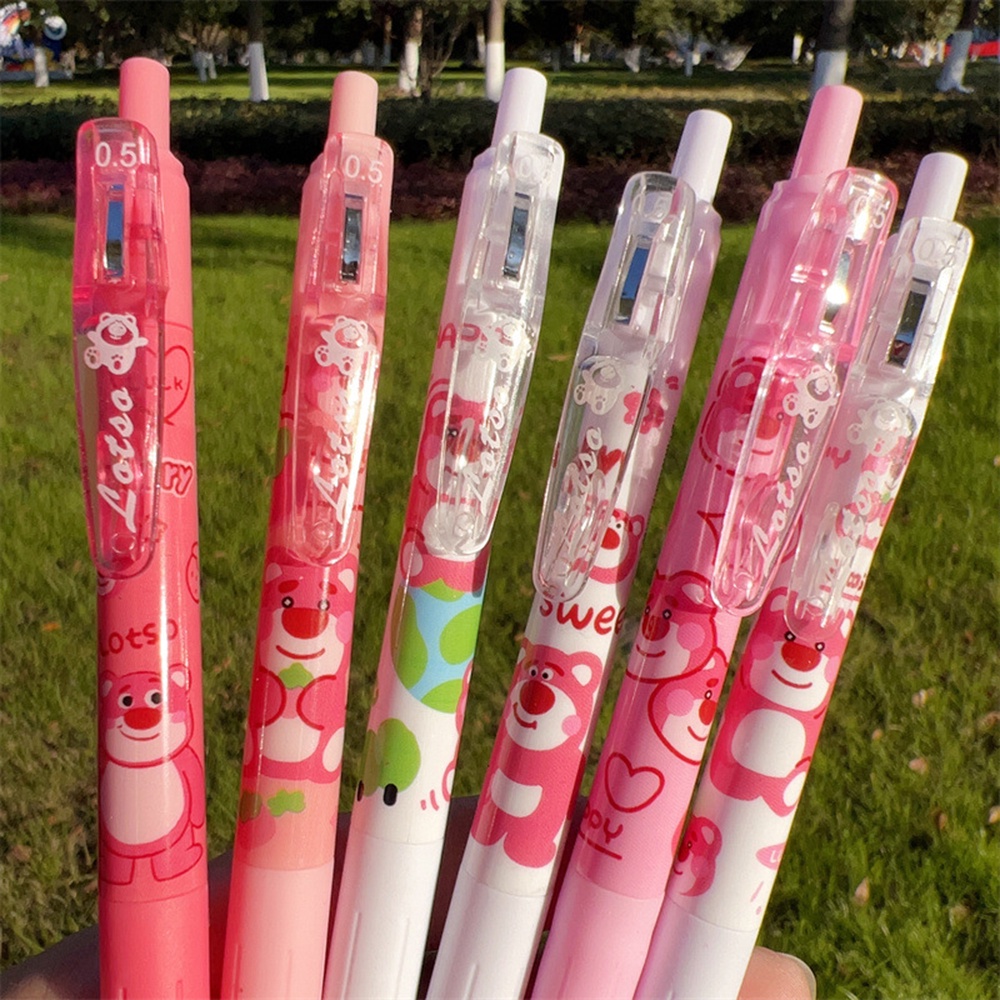 6pcs Pulpen Pink Strawberry Bear Manyo Press Gel Untuk Pelajar Sekolah Signature Pen Stationery 0.5mm