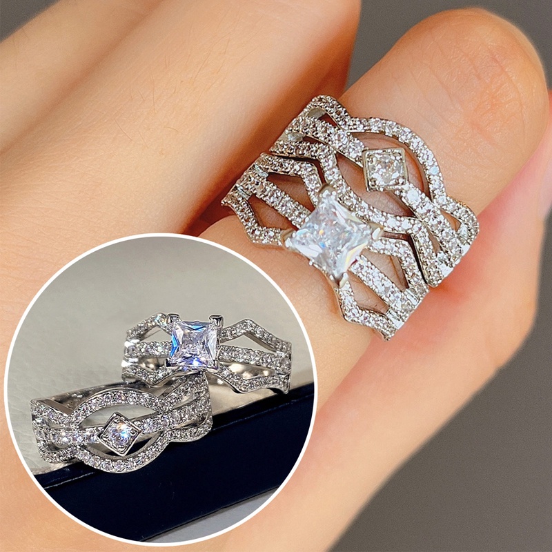 Mewah Fashion Cocok Set Cincin Wanita Untuk Pernikahan Bertatahkan Briliant Cubic Zirconia Mewah 2 Pcs Pertunangan Band Perhiasan