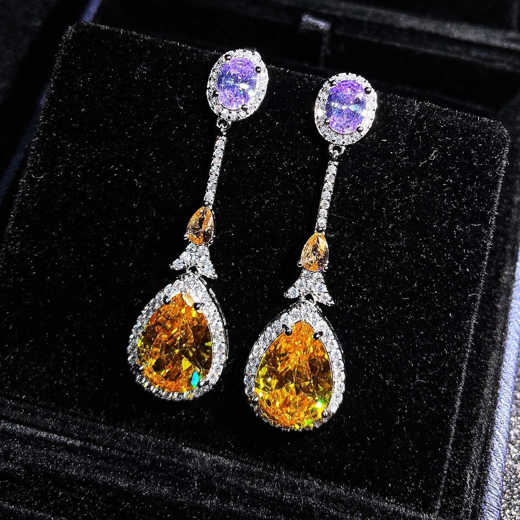 Goldkingdom Aksesoris Perhiasan Fashion Ready Stock Caibao Anting Fashion Berlian Sampanye Bening Kecil Morganite Berlian Kuning Drop Berbentuk Pir Anting Earrings.