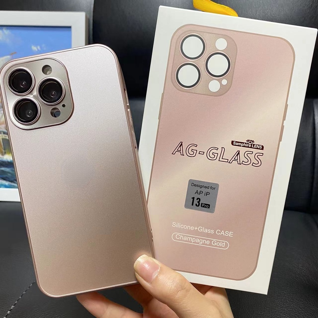 IPHONE Ag Champagne Gold Frosted Glass Phone Case Untuk Iphone14 13 11 12 Pro Max 14Plus Lensa CD Pelindung Casing Belakang