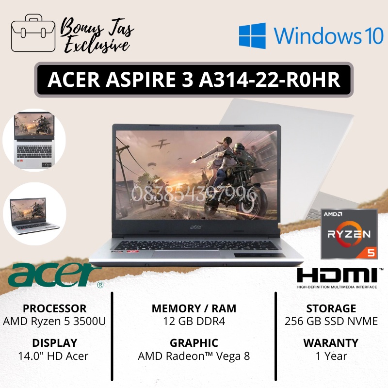 ACER ASPIRE A314-22-R0HR AMD RYZEN 5-3500 | 8GB/12GB RAM | 256GB SSD | AMD RADEON VEGA 8 | 14&quot;HD | PURE SILVER