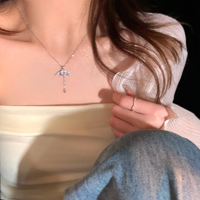 Cupid Pink Zirkon Cinta Kalung Korea Indah Berlian Sayap Malaikat Kalung Fashion Wanita Korea Necklace