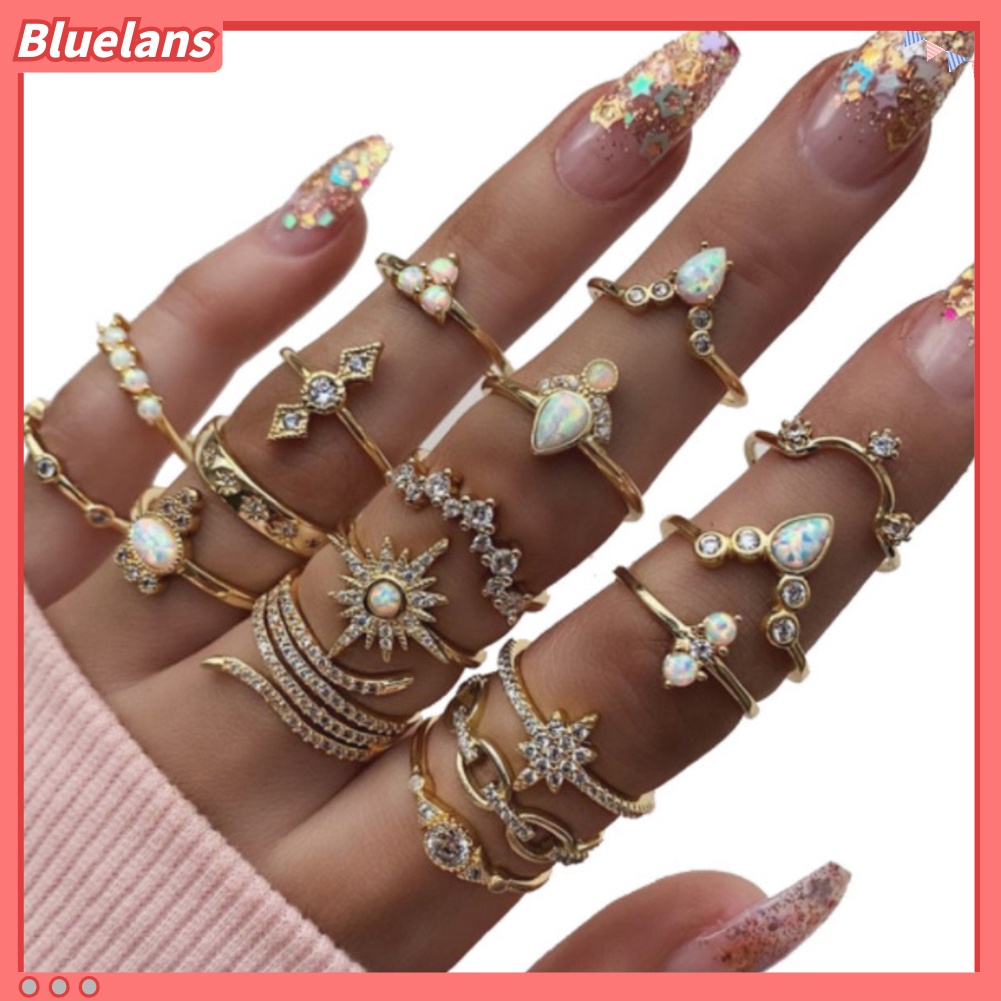 {In Stock} 17Pcs/Set Bohemian Wanita Berlian Imitasi Hias Bunga Jari Cincin Pesta Perhiasan Hadiah