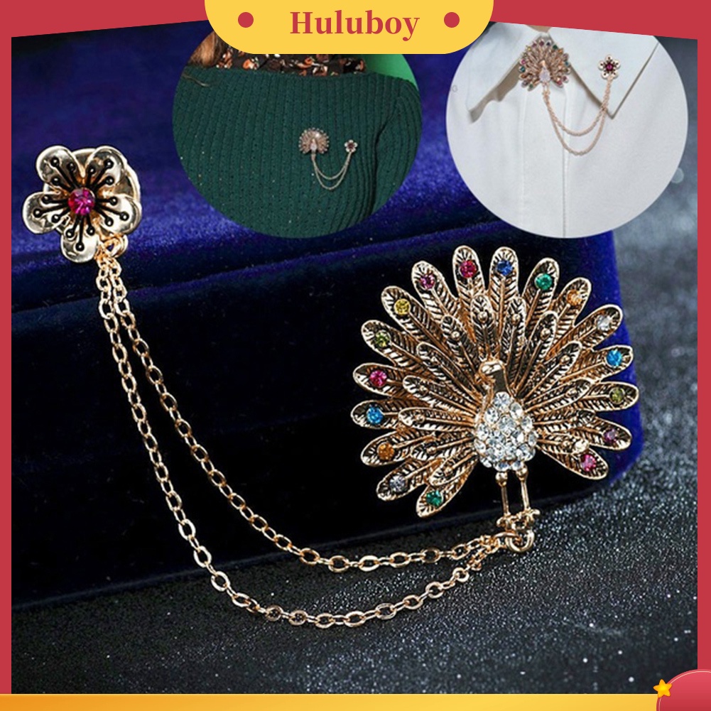 {Ready Stock} Wanita Cubic Zirconia Hias Merak Bunga Rantai Ganda Rumbai Bros Pin Hadiah