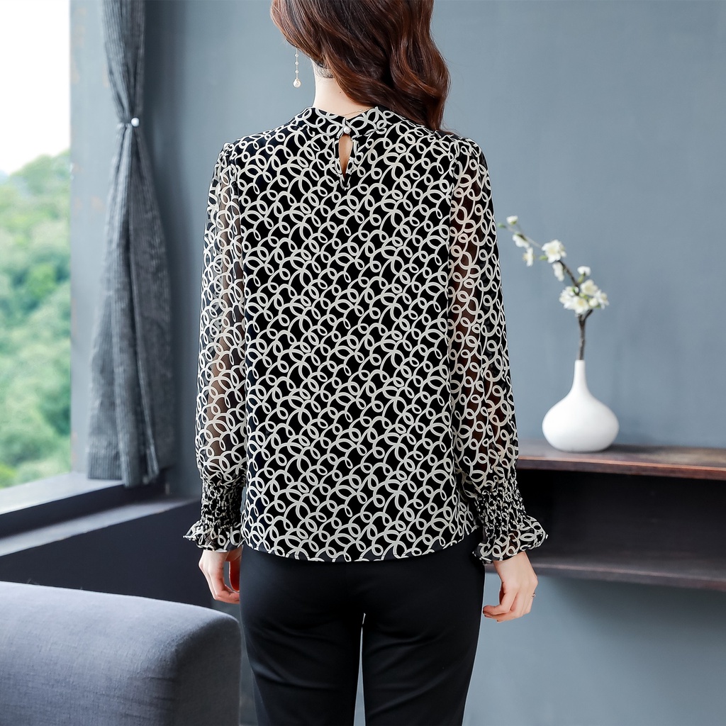 COD New Fashion Korean Geometric Patterns High Quality Chiffon Fabric Black Long Sleeve Blouse Blus Lengan Panjang Hitam Sifon Korea