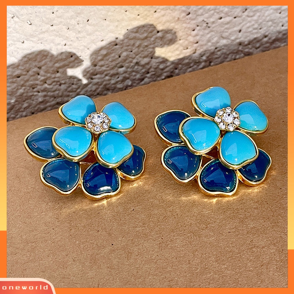 [OWR] 1pasang Anting Wanita Berlapis Ganda Enamel Geometris Tiga Dimensi Retro Dekorasi Bentuk Bunga Biru Stud Earrings Aksesori Perhiasan