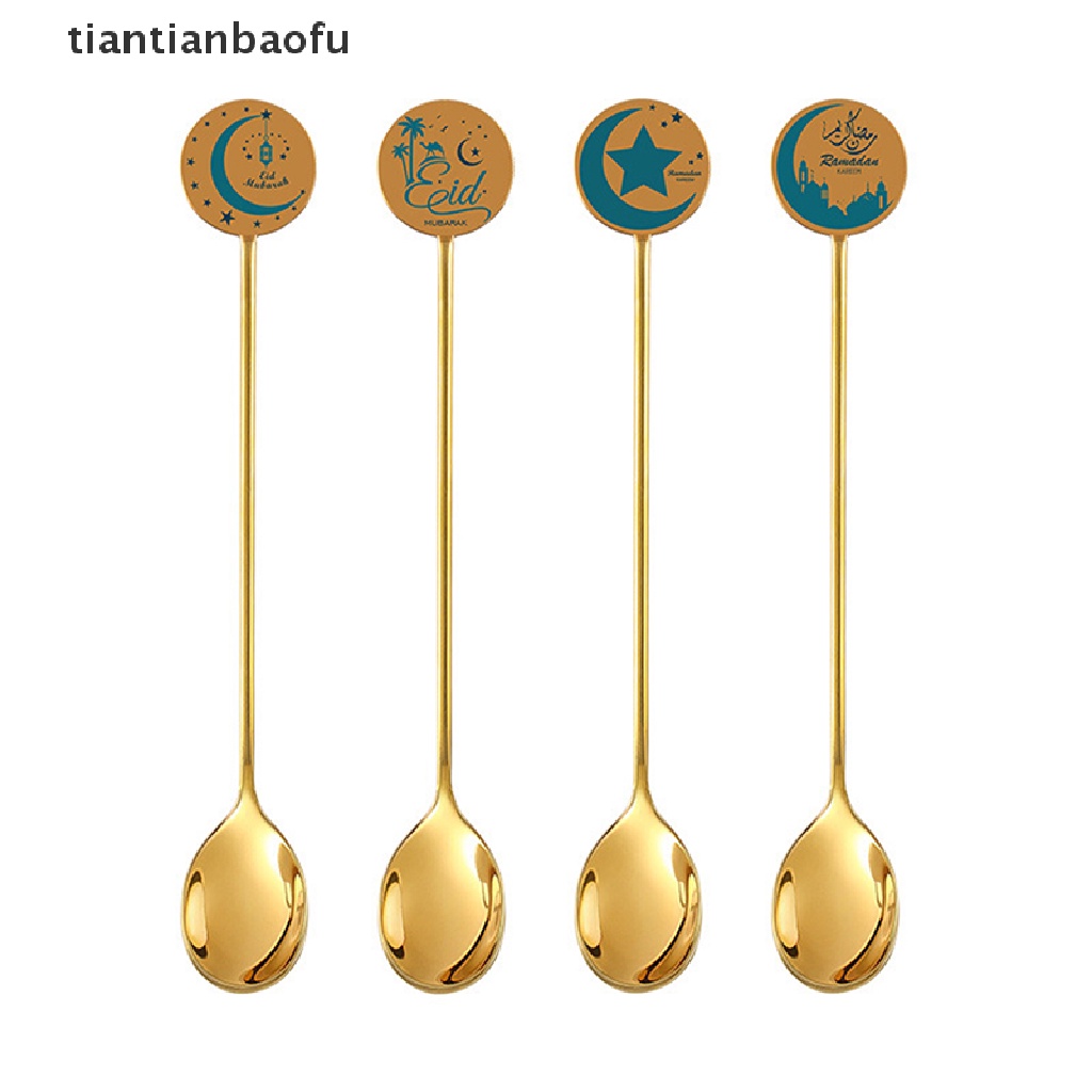 [tiantianbaofu] New Gold Eid Mubarak Star Moon Pendant Spoon Stainless Steel Peralatan Makan Islam Liburan Muslim Rumah Pesta Peralatan Makan Dekorasi Butik