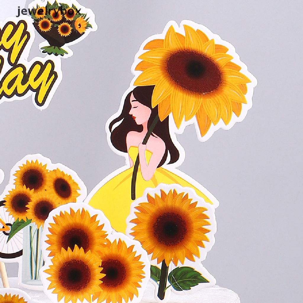 [jewelrybox] 1set Topper Kue Happy Birthday Bunga Matahari Gadis Sepeda Cupcake Toppers Perlengkapan Butik