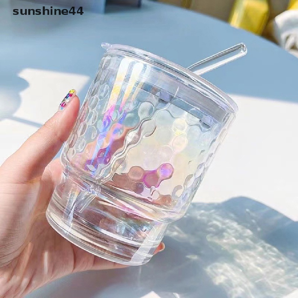 Sunshine Gelas Kaca 400ML Iridescent Dengan Tutup Straw Beer Juice Milk Tea Glass Cups ID