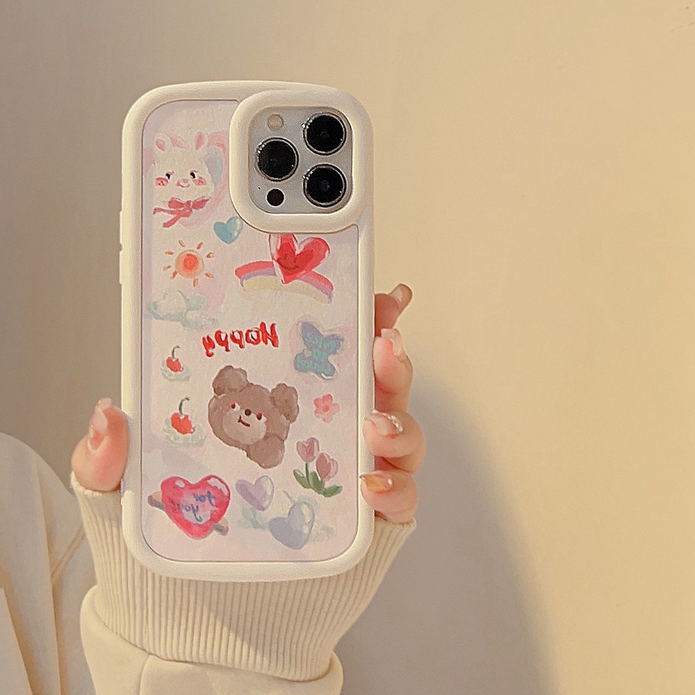 IPHONE Ins Lukisan Cat Minyak Beruang Dan Kelinci Pola Kulit Lembut Shockproof Phone Case Covers Untuk Iphone11 12 13 14 PLUS PRO MAX