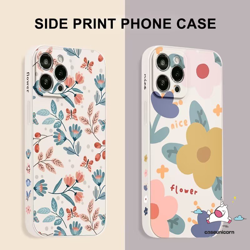 Casing Ponsel Motif Samping Bunga Kompatibel Untuk iPhone 7Plus XR 11 13 12 14 Pro Max 6 7 8 6S Plus X XS Max SE 2020 Musim Semi Bunga Segar Bersandar Lembut Tepi Lurus Penutup Belakang