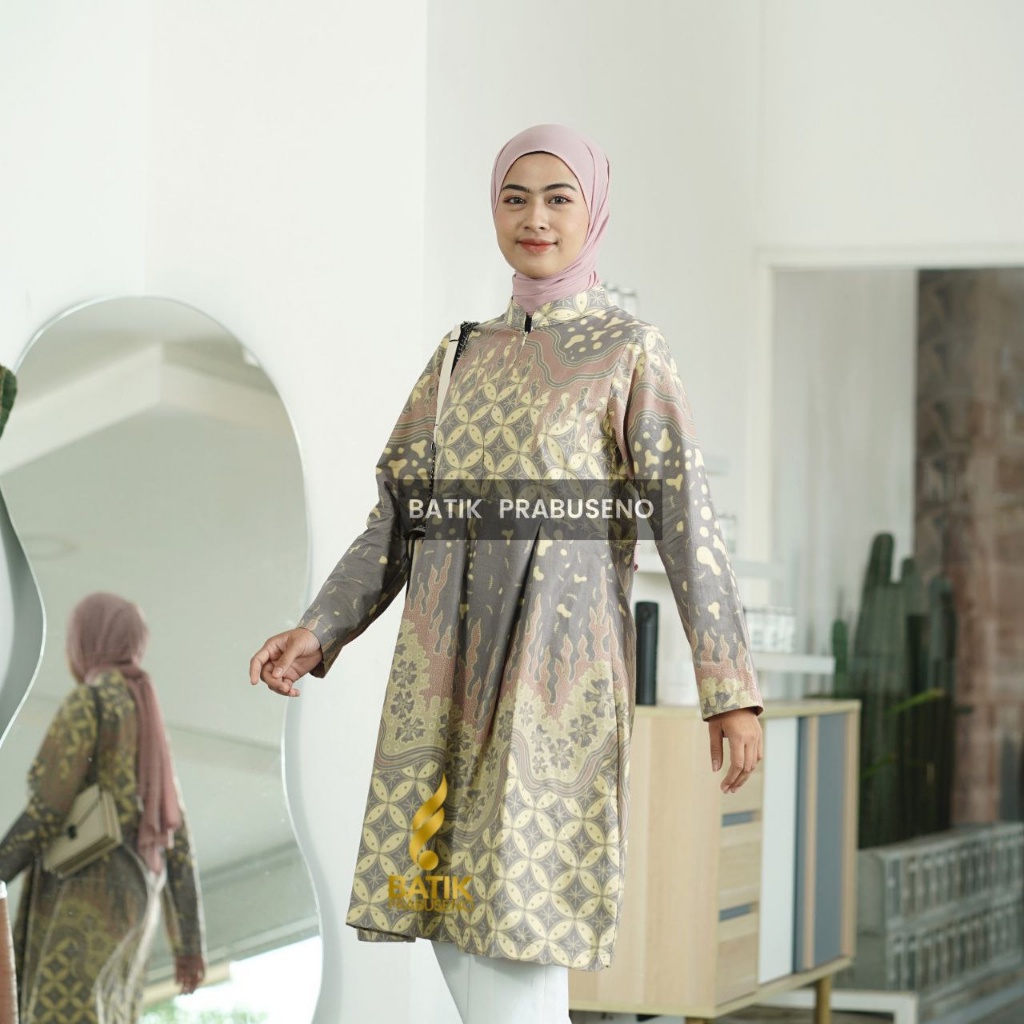 SERUNI Tunik Batik Wanita Prabuseno Modern  Lengan Panjang Katun Lapis Furing Modern Kerja Kantoran 