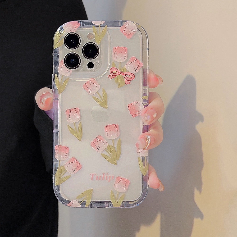 IPHONE Ins Pink Oil Tulips Silicone Case Dengan Tempat Tulip Untuk Iphone14 11 12 13 PRO MAX Casing Cover Pelindung AT0154