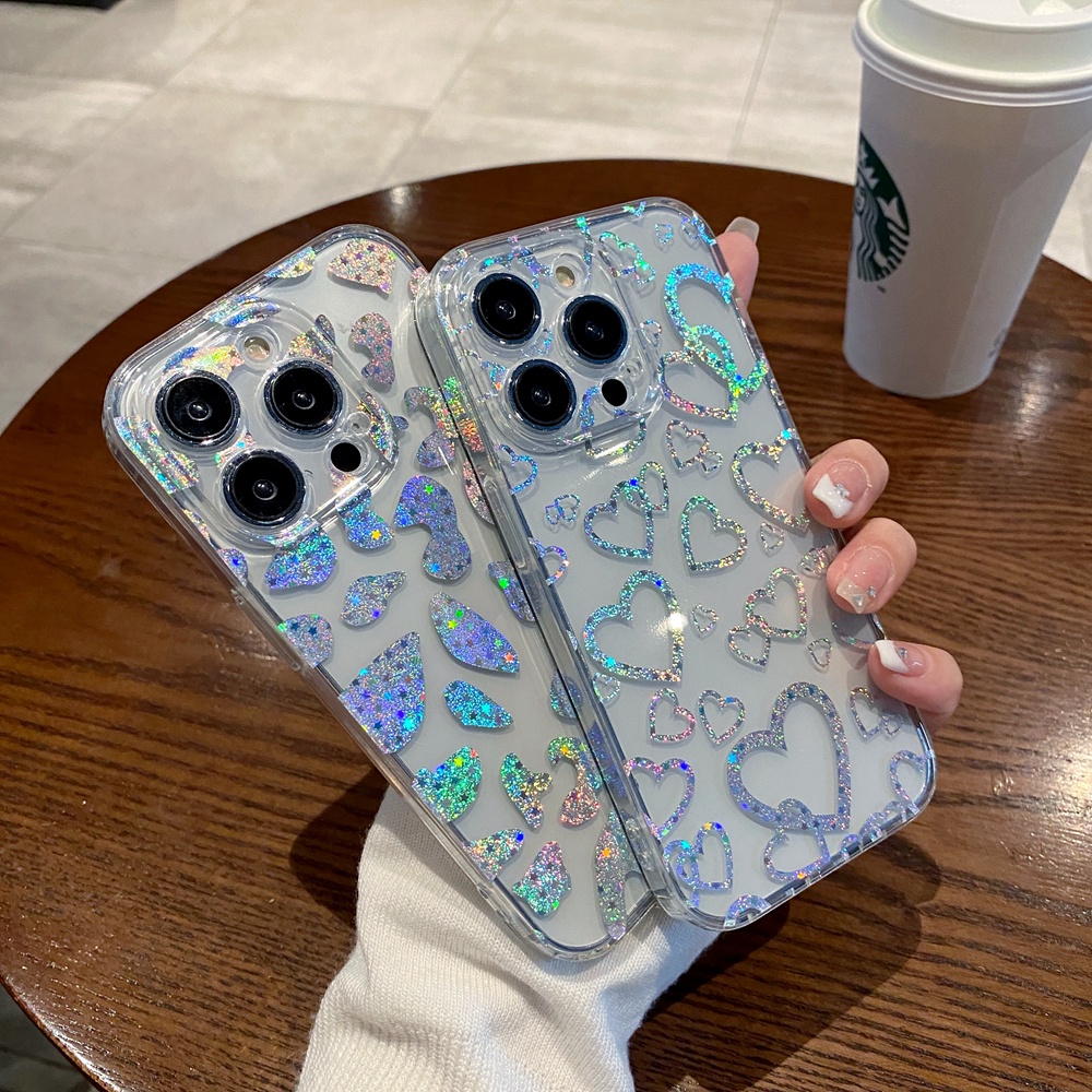 IPHONE Casing Bening Leopard Cinta Hati Laser Warna-Warni Untuk Iphone14 13 12 11 Pro Max Berlapis Mewah Dua Sisi Tahan Shocproof Soft Phone Cover