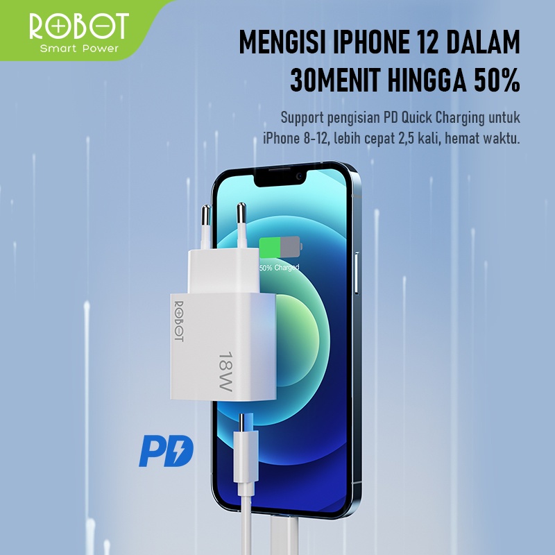 ROBOT Dual Port Charger Quick Charging RT-F2 QC 3.0 Micro USB Type-C Dual Output USB-A dan USB-C  - Garansi RESMI 1 Tahun