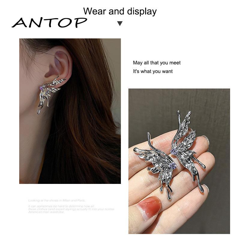 [antop] Anting Kupu-Kupu Biokimia Logam Cair Anting Rasa Desain Zirkon Ungu Asimetris