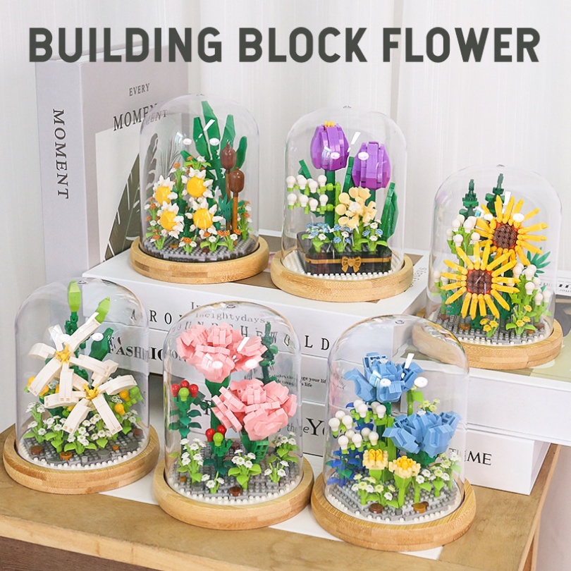 Kotak Musik Mainan Brick Balok DIY Buket Bunga Blok Susun Bangunan Flower Bouquet Untuk Dekorasi Meja Hadiah Ulang Tahun (Dengan Penutup Layar）