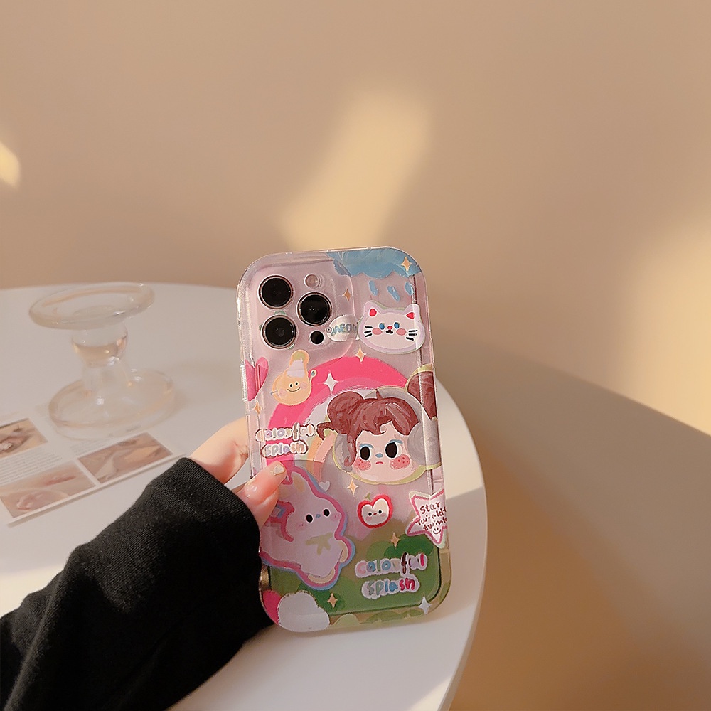 IPHONE Ins Lucu Headphone Rainbow Girl Kartun Silikon Case Untuk Iphone14 11 12 13 PRO MAX Casing Cover Pelindung AT0161