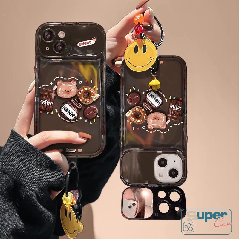 Mainan 3D Beruang Kopi Donat Stiker Kreatif Flip Make Up Mirror Case Kompatibel Untuk iPhone XR 78 14 Plus 11 13 12 14 Pro MAX XS MAX X SE Kartun Lucu Shockproof Soft Cover