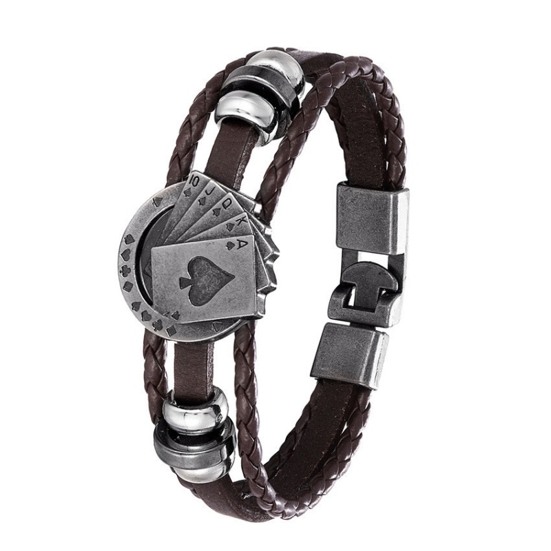 [Z H Perhiasan] Vintage Rock Poker Gelang Kulit Pria Dan Wanita Fashion Stainless Steel Multilayer Manik-Manik PU Gelang Punk Pesta Perhiasan Aksesoris